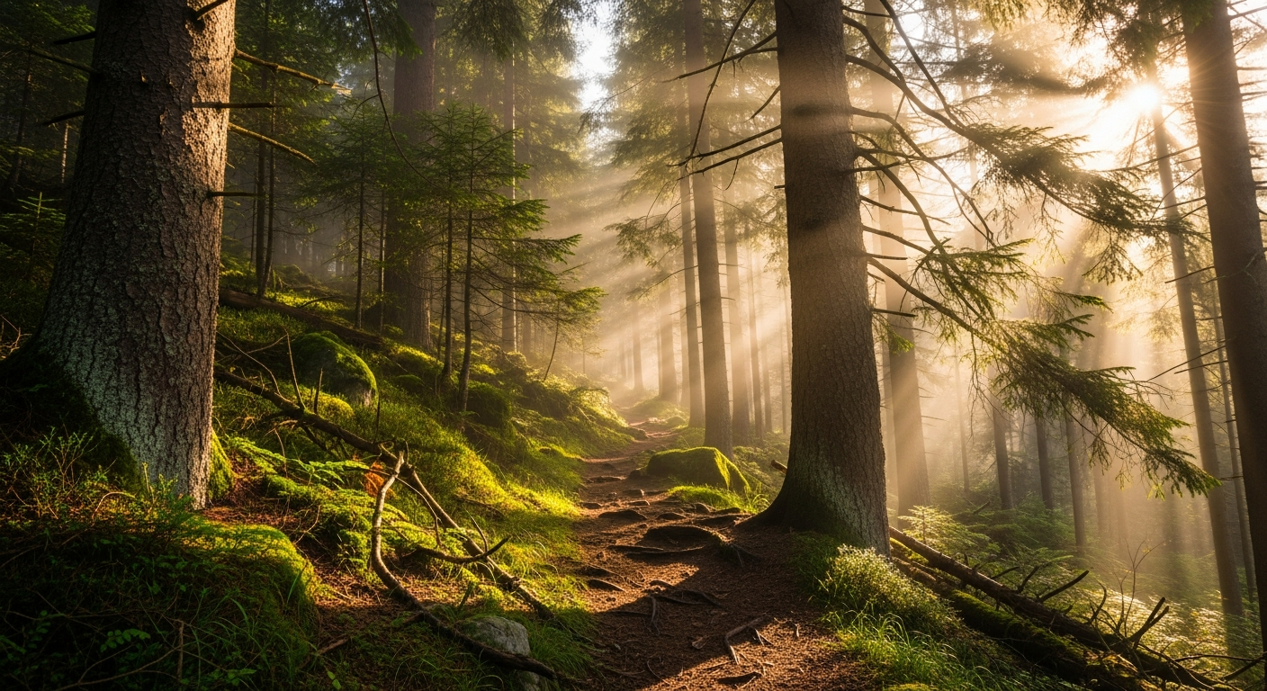 Golden light in forest